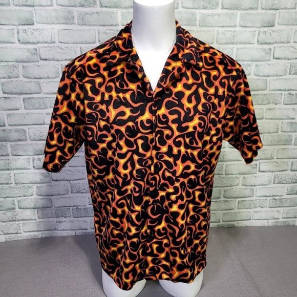 Vintage 90s 3rd Rail L/XL‎ Flame Fire Pattern Button Front Club Rave S/S Shirt - Picture 1 of 6